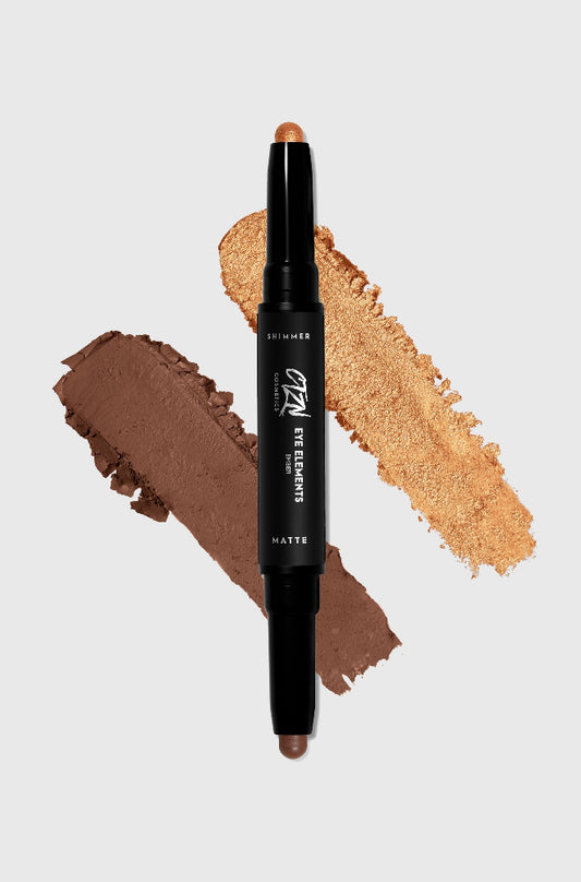 Eyeshadow makeup product with color swatches on a light gray background